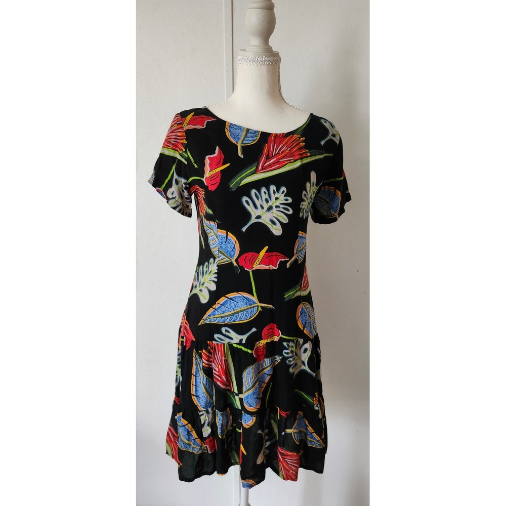 Tropical Bird of Paradise Drop Waist Mini Dress Botanical Floral Flounce Hem